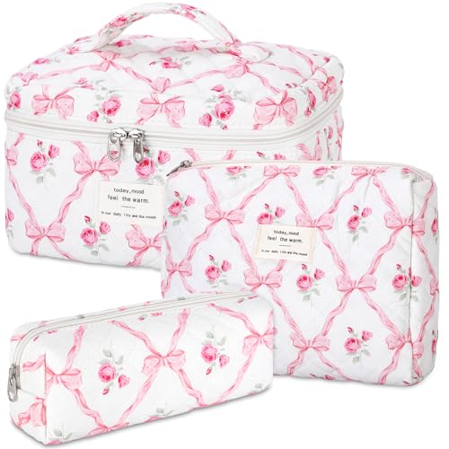 senbowe Floral Makeup Bag, 3 Pack Large Cotton Quilted Pink Bow Makeup Bag Set, Cute Floral Coquette Aesthetic Toiletry Bag Make Up Cosmetic Bag for Women, Toiletry Travel Make Up Organizer Bag - color: Pink Bow
