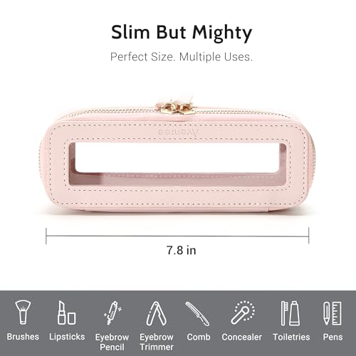 Aveniee Clear Makeup Brush Bag, Slim Cosmetic Brush Holder, small Toiletry Bag Mini Travel Case for Women, Thin Make up Bags with Dual Zipper, Cute Travel Essentials Organizer,Pink - color: Pink, style: Slim Elegance