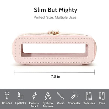Aveniee Clear Makeup Brush Bag, Slim Cosmetic Brush Holder, small Toiletry Bag Mini Travel Case for Women, Thin Make up Bags with Dual Zipper, Cute Travel Essentials Organizer,Pink - color: Pink, style: Slim Elegance