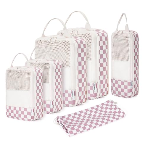 Narwey 6 Set Compression Packing Cubes for Travel Women Men, Travel Cubes for Carry On Suitcase, Durable Compression Luggage Organizer Bags - color: Z-Dusty Rose Checkerboard