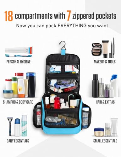 VENTURE 4TH Hanging Travel Toiletry Bag for Women & Men – Large Toiletry Organizer with 18 Compartments, Removable TSA Pouch, Travel Wash Bag for Toiletries, Makeup & Shaving Kit (Light Blue) - color: Light Blue