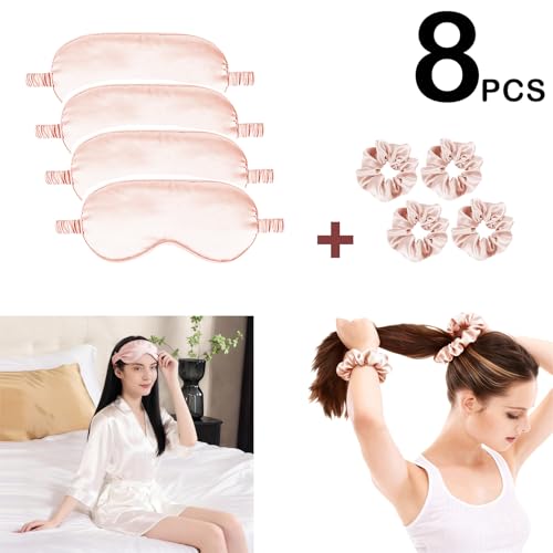 Satin Eye Mask 8Pcs Silk Sleep Masks Silky Blindfold Eyeshade Blackout Eyes Cover Scrunchies Hair Ties Travel Wedding Gifts - color: Blush