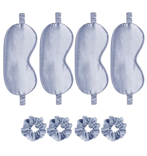 Satin Eye Mask 8Pcs Silk Sleep Masks Silky Blindfold Eyeshade Blackout Eyes Cover Scrunchies Hair Ties Travel Wedding Gifts - color: Dusty Blue