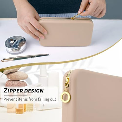 Sakolla Travel Zipper Makeup Brushes Bag Silicone Large Makeup Brush Holder Women Pouch Case for Daily, Work, Essentials（Khaki） - color: Large-Khaki