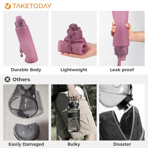 TakeToday Collapsible Water Bottles 32oz, Foldable Travel Bottle, TSA-Approved Leakproof Newly Silicone Water Bottle for Hiking, Travel, Outdoors, Purple - color: Purple