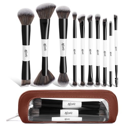 10 PCS Travel Makeup Brush Set With Bag, Makeup Brushes, Double-End Multi-functional Brushes for Foundation Powder Blush Eyeliner Eyeshadows, Professional Face Brush Set（White） - color: 10Pcs-White