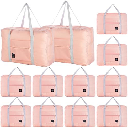 Travel Bag 12 Packes Carry on Luggage Foldable Duffel Bag Sports Gym Bag Weekender Overnight Bag Water Resistant Nylon Travel Duffel for Men Women (Pink 12PCS) - color: Pink 12