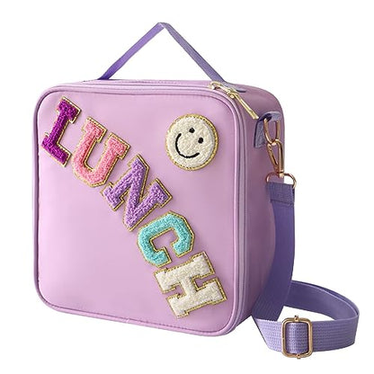 Insulated Lunch Bag With Adjustable Shoulder Strap, Nylon Preppy Lunch Box Large Insulated Lunch Bag Reusable Lunch Tote Bag with Smiley Preppy LunchBag for Girls School Travel Picnic (Purple) - color: Purple