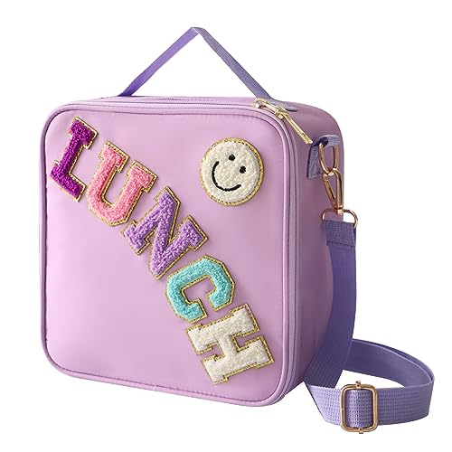 Insulated Lunch Bag With Adjustable Shoulder Strap, Nylon Preppy Lunch Box Large Insulated Lunch Bag Reusable Lunch Tote Bag with Smiley Preppy LunchBag for Girls School Travel Picnic (Purple) - color: Purple