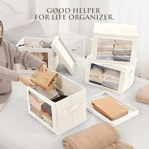 Homsorout Stackable Storage Bins with Lids - Medium Storage Box with Lids, Foldable Closet Boxes for Organizing, Wardrobe Clothes Organizer with Window, Fabric Bins for Living Room, 6 Pack, Beige - color: Beige, size: L(6-Pack)