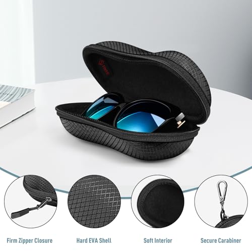 FINTIE Sunglasses Case, Hard EVA Shell Shockproof Sport Glasses Case with Metal Carabiner Travel Zipper Eyeglasses Holder - color: Black