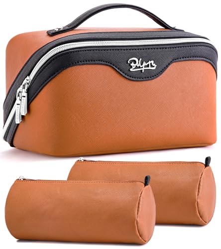 BOYATU Travel Makeup Bag Organizer Cosmetic Bag: 3 Pcs Set Make up Bags for Women with Handle - Waterproof Vegan Leather Toiletry Bags Travel Essentials Pouch with Compartments (A-07-Orange) - color: 02-E-Orange