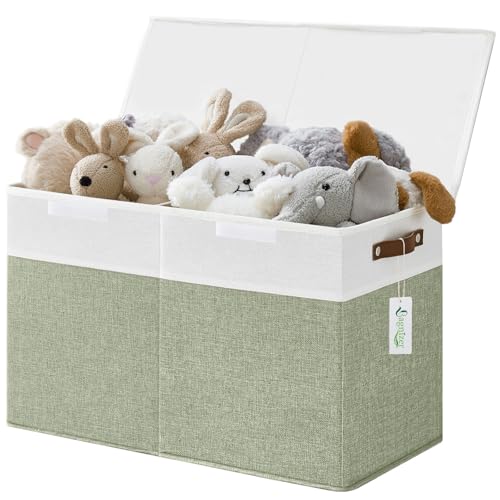 Bagnizer Large Toy Storage Box with Lids, Collapsible Sturdy Baby Storage Organizer Chest Bin Basket for Kids, Boys, Girls, Playroom, Nursery, Bedroom, Closet 25"x13"x16" (Green and White) - color: Green and White