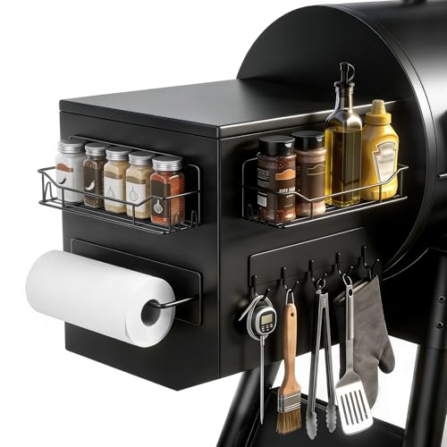 Detukna Magnetic Grill Caddy with Storage Bins, BBQ Tool Organizer with Paper Towel Holder and Hooks, Metal Shelf for Pellet Grill Accessories, Outdoor Smoker Storage Rack