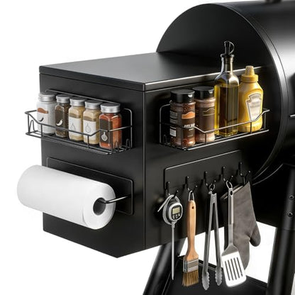 Detukna Magnetic Grill Caddy with Storage Bins, BBQ Tool Organizer with Paper Towel Holder and Hooks, Metal Shelf for Pellet Grill Accessories, Outdoor Smoker Storage Rack