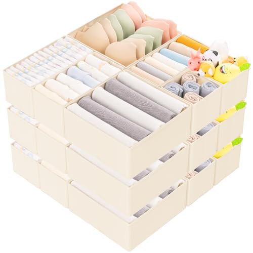 Criusia 15 Pack Drawer Organizer for Clothes, Foldable Dresser Dividers with 3 Sizes, Fabric Storage Bins – Beige - color: 15 PACK Beige