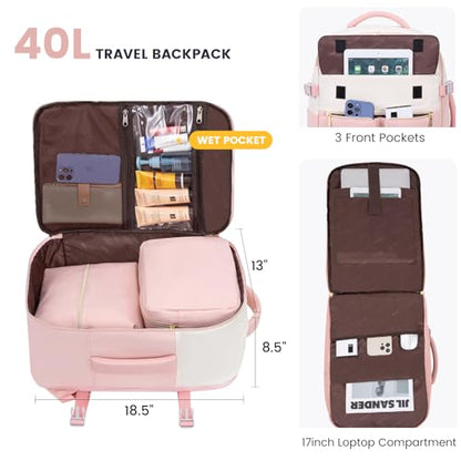 LOVEVOOK 40L Large Travel Backpack for Women, Flight Approved, Waterproof, TSA Compliant, Fits 17.3'' Laptop, 17 Pockets, 3 Packing Cubes - color: Beige-pink, size: 40L-17.3 Inch-4Pcs