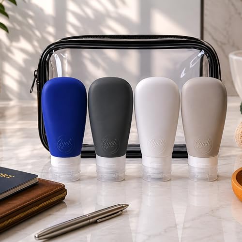 Travel Bottles for Toiletries, TSA Approved 3oz Leak Proof Silicone Refillable Squeeze Travel Size Containers BPA Free for Cleansers, Lotions, Shampoo, Conditioner 4pk With Bag(W,G,Blk,Bl) - color: Blue-Black-White-Gray