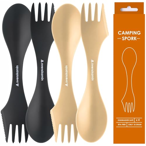 Reusable Camping Spork Set 4-Pack - 3-in-1 Travel Sporks, Lightweight Durable Utensils & Silverware for Outdoor Hiking - Black & Sand - color: Black/Sand 4P