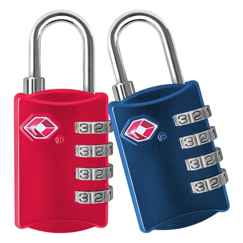 TSA Locks for Luggage, 2-Pc Durable Steel Padlock, Keyless Easy to Read 4-Digit Combination Lock for Backpacks, Travel Suitcases, Toolbox, Filing Cabinets, Baggage & Gym Locker, Red/Blue - color: Red & Blue