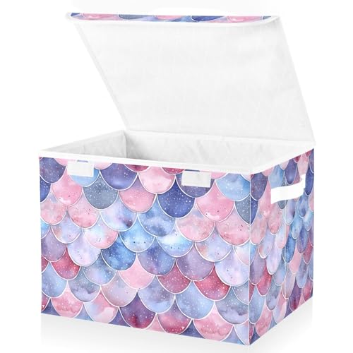 senya Baskets Collapsible Storage Bins with Lids, Purple Watercolor Mermaid Scales Storage Boxes Clothes Baskets for Organizing - color: Scales 1