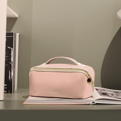 Prite Makeup Bag for Women Travel Waterproof Vegan Leather Cosmetic Bag Open Flat Toiletry Bag With Clear Divider and Handle (Pink, Medium) - color: Pink, size: Medium