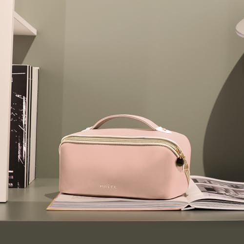 Prite Makeup Bag for Women Travel Waterproof Vegan Leather Cosmetic Bag Open Flat Toiletry Bag With Clear Divider and Handle (Pink, Large) - color: Pink, size: Large