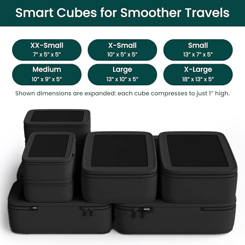 NOBL Travel Compressible Packing Cubes Set, 6 Pieces Travel Packing Organizers, Compression Luggage Cubes for Suitcases & Carry On, Space Saving (XXS, XS, S, M, L, XL) - Jet Black - color: Jet Black