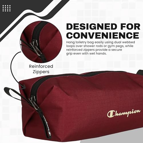 Champion - Hanging Toiletry Bag - Travel Sized Polyester Bag — Water-Resistant, Cosmetics Organizer Bag with Two Compliant Bottles - Lightweight Portable Zipped Bag for Unisex – Red- 10"x3.9"x3.9" - style: Red