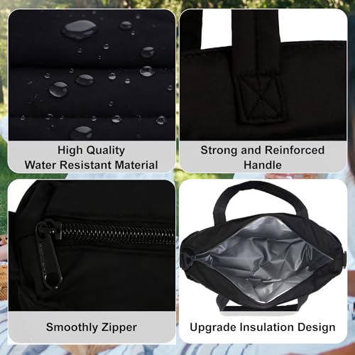Lunch Bag Women Puffy Quilted Tote Bag Stylish Insulated Lunch Tote Bag with Large Capacity and Shoulder Strap Portable Lunch Cooler Bags for Women, Work Office, Travel, Picnic, Meal Prep - color: Black