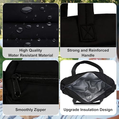 Lunch Bag Women Puffy Quilted Tote Bag Stylish Insulated Lunch Tote Bag with Large Capacity and Shoulder Strap Portable Lunch Cooler Bags for Women, Work Office, Travel, Picnic, Meal Prep - color: Black