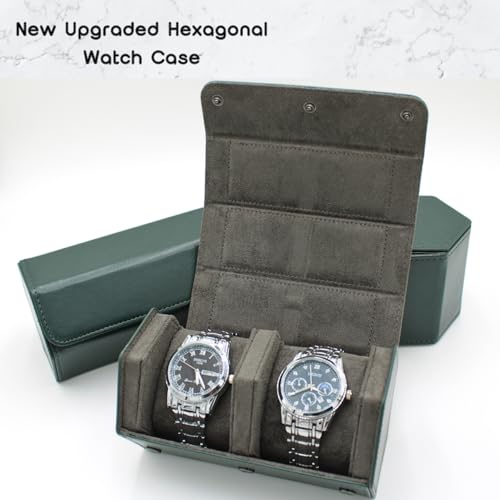 Watch Travel Hexagon Case Portable Organizer - Luxury Watch Hexagon Travel Box Recycled Leather Storage and Display for Men and Women(2Slot-Dark Green) - color: Hexagon-DarkGreen, size: Double slots