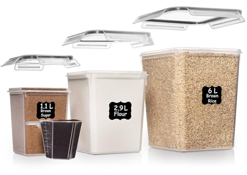Shazo Flour Sugar Storage Containers Set of 3 (6L, 2.9L, 1.1L) Large Airtight Food Storage Containers with Lids, BPA-Free Plastic Container for Kitchen & Pantry Organizers, Cereal, Rice & Pasta