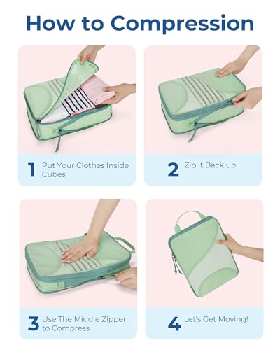 BAGSMART Compression Packing Cubes - 6 Set Travel Packing Cubes for Suitcases, Compression Suitcase Organizers with Shoe Bag - color: 07-Kohlrabi Green