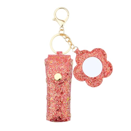 Sisadodo Glitter Lip Oil Holder Key Chains for Woman Lipstick Case with Mirror Lip Balm Keychain for Lipstick Case Keychain - color: Red-flower