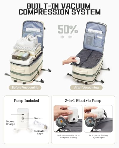 wepadre Vacuum Backpack Travel with Pump Travel Backpack with Vacuum System Expandable Vacpack Compression Backpacks for Travel Easy Vac Pack Carry on Luggage - color: Beige With Green