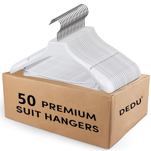 Suit Hangers for Men 50 Pack, White Coat Hangers Extra Wide Non Slip Width 17.7", Thick Plastic with Pants Bar & Metal Hook - color: White, size: 50 Pack