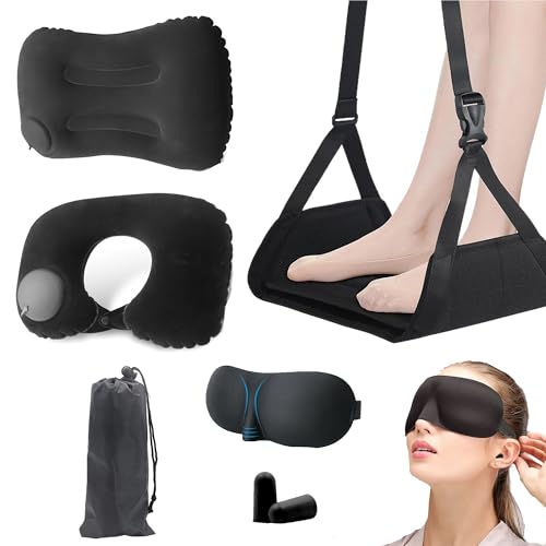 Portable Travel Sleep Comfort Set for Plane 2 Inflatable Travel Pillows,Foot Rest Hammock,Eye Mask Ear Plugs for Airplane Flight Essentials for Seat Airplane Gadgets for Sleep Comfort Kit - color: Black