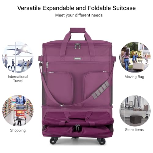 Hanke Expandable Large Suitcase 4 Wheels Lightweight Collapsible,Foldable Suitcases &Travel Bags Hand Luggage Extend 20/24/28 inch Suitcases Duffel Bag Without Telescopic Handle for Men & Women - color: Purple Upgrade Version 2