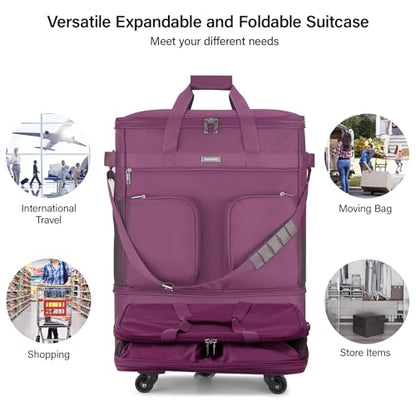 Hanke Expandable Large Suitcase 4 Wheels Lightweight Collapsible,Foldable Suitcases &Travel Bags Hand Luggage Extend 20/24/28 inch Suitcases Duffel Bag Without Telescopic Handle for Men & Women - color: Purple Upgrade Version 2
