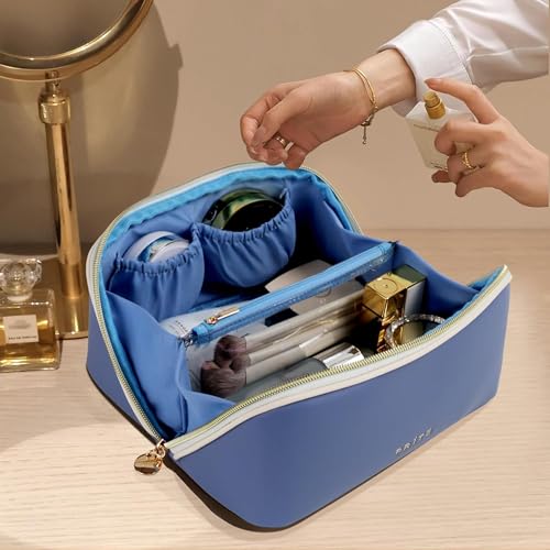 Prite Makeup Bag for Women Travel Waterproof Vegan Leather Cosmetic Bag Open Flat Toiletry Bag With Clear Divider and Handle (Blue, Medium) - color: Blue, size: Medium