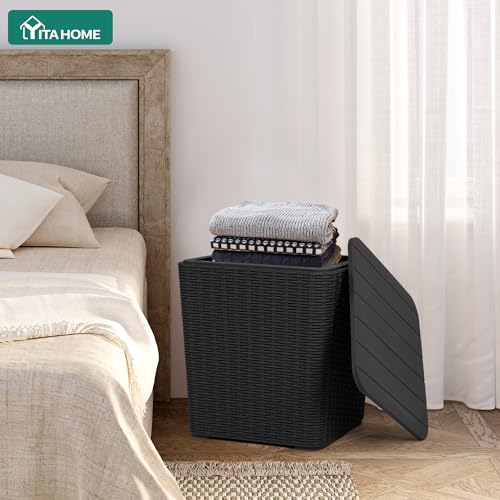 YITAHOME Outdoor Coffee Table with Extra Storage 11.5 Gallon Resin Rattan Side Table for Patio Decor,Cushions(Black) | Extra Storage