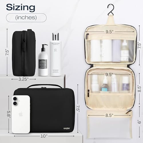 KAZAY Hanging Toiletry Bag with TSA Approved Detachable Pouch, Compact Travel Size Bag, Travel Toiletry Bag, Water Resistant, Premium Nylon, Travel Size Toiletries, Cosmetic Bag Makeup Bag (Black) - color: Black