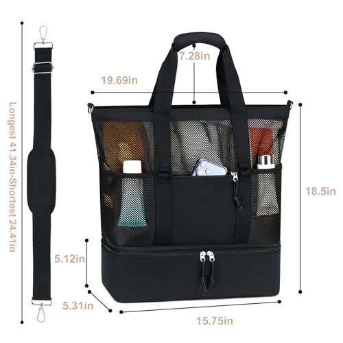 Bluboon Mesh Beach Tote Bag with Cooler Compartment Insulated Detachable Picnic Bag with Zipper and Pocket Pool Bag for Women - color: Black B