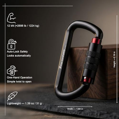 FresKaro 3inch 12kN-2698lbs Auto Locking Carabiner Clips, Solid D Shape, Heavy Duty 7075 Aluminum, Lightweight 1.09oz, Rust Proof, for Hammock, Hiking, Dog Leash, Keychain etc., Multi-Colors - color: Black-3pcs