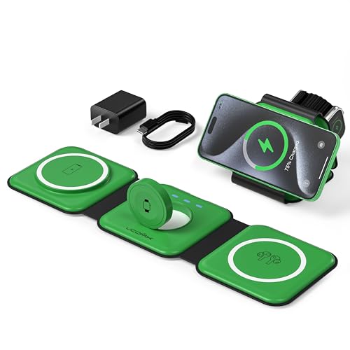 3 in 1 Charging Station for Multple Devices,Foldable 3 in 1 Wireless Charger for Travel,Nano Wireless Charging Station for iPhone16 15 14 13 12 Pro Max/Watch 10 9 8 7 6 5 4 3 Ultra/AirPod Pro - color: Green