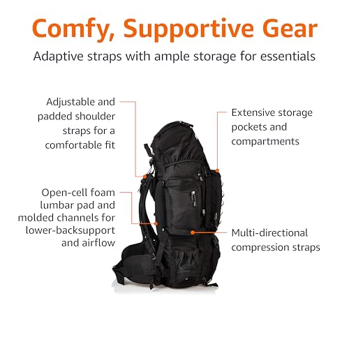 Amazon Basics Internal Frame Hiking Backpack for Camping and Backpacking, Adjustable Straps, Rainfly Included