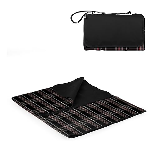 PICNIC TIME Outdoor Picnic Blanket Tote, 59"x51" Foldable Beach & Camping Blanket with Soft Fleece, Water-Resistant Bottom, Adjustable Strap & Zippered Pocket (Black Tartan, Black Flap) - color: Black Tartan