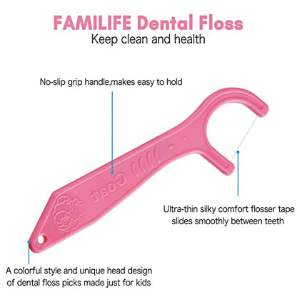 FAMILIFE Dental Floss Picks Kids flossers Toddler Threaders Children Unwaxed Unflavored Fluoride Free Dental Floss Child Kid Flossing Sticks with Travel Cases 200 Picks - color: Animal 200 Pcs