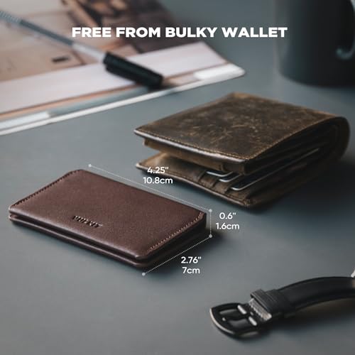 VULKIT Slim Minimalist Card Holder RFID Blocking Leather Credit Card Holder Front Pocket Wallet Magnetic Closure - color: Espresso